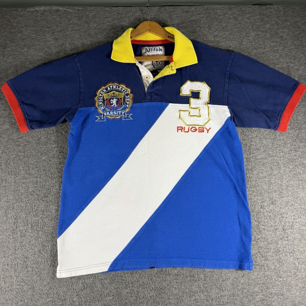 Attitude Gold Rugby Polo Men's Size L Blue #3 Kingston Athletic Embroidery